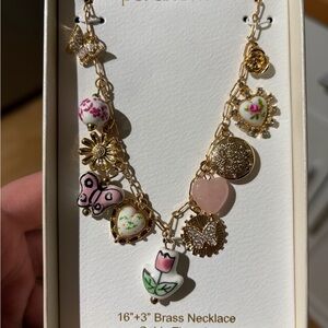 Gold Charm Necklace with Pink and White Floral Accents